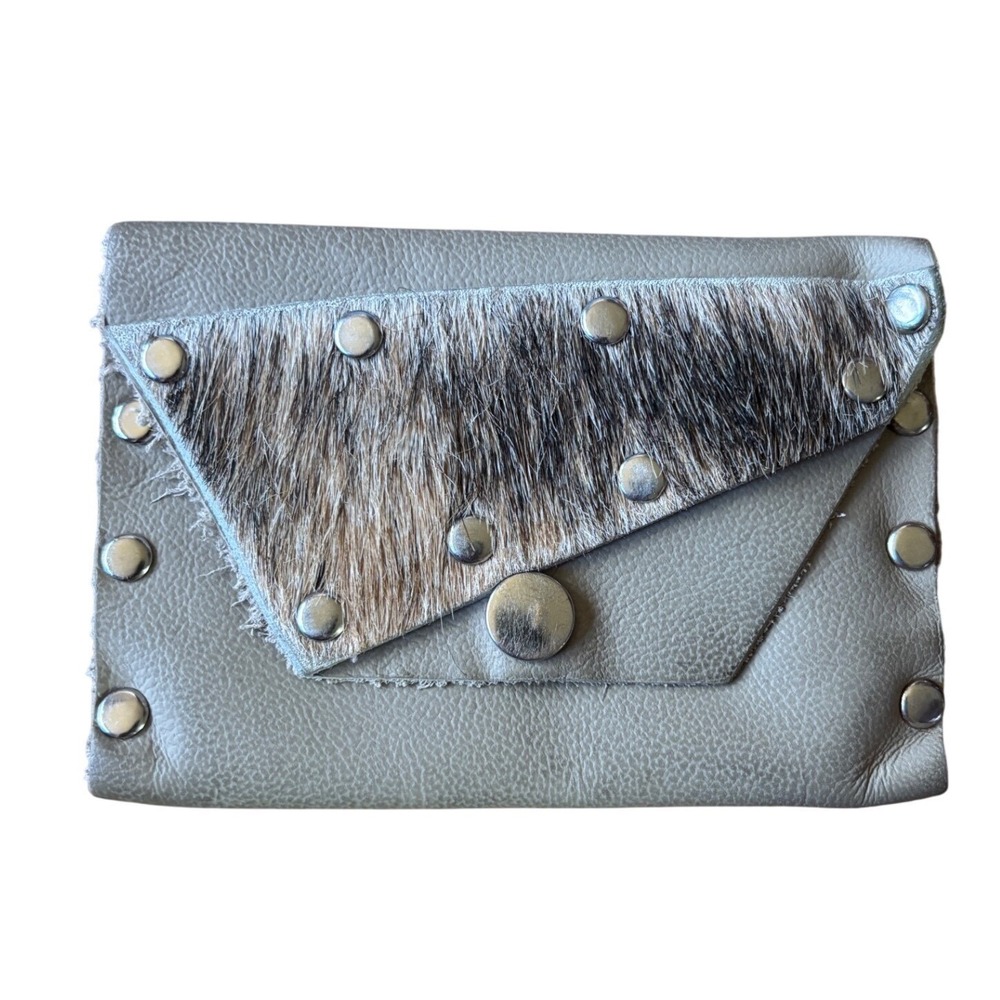 Gray Leather Studded Card Holder Wallet with Cowhide Fur Detail Western Style